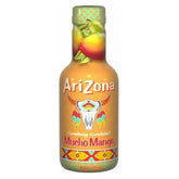 A 500ml bottle of Arizona - Mucho Mango Flavour, featuring illustrated mango, lime, and a decorated cow skull on the label—ideal for fans of this refreshing mango drink.